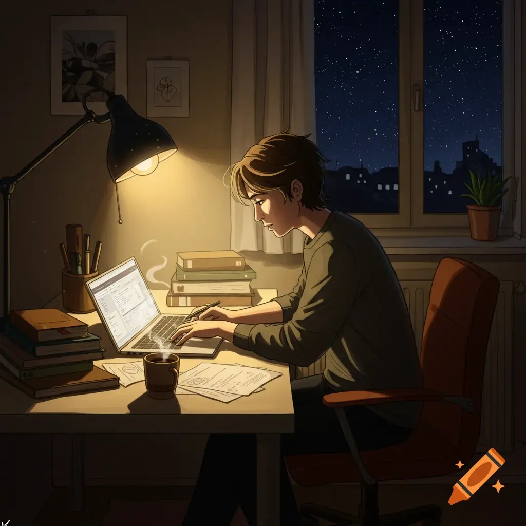 Notebook and warm lamp on a desk during evening hours